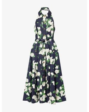 Carolina Herrera Floral-Print Halter-Neck Cotton-Blend Midi Dress - Blue