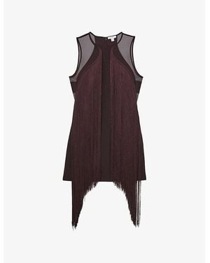 Reiss Farrow Fringed-Hem Stretch-Woven Mini Dress - Purple