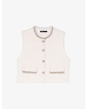Maje Sleeveless Bead-Embellished Tweed Jacket - White