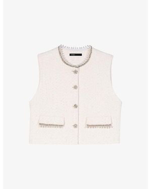 Maje Sleeveless Bead-Embellished Tweed Jacket - White