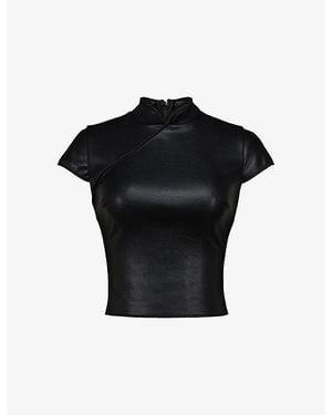 House Of Cb Bobbi Mandarin-Collar Vegan-Leather Top Xs (A-C Cup) - Black