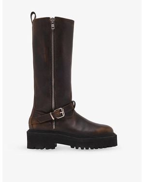 Maje Knee-Length Flat Leather Biker Boots - Black