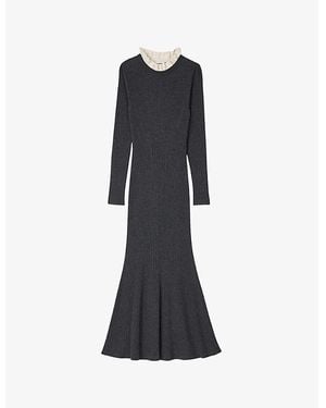 Sandro Frill-Collar Long-Sleeve Ribbed Wool And Cashmere-Blend Midi Dress - Black