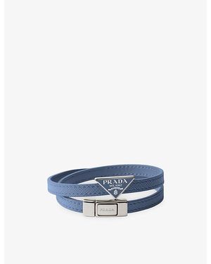 Prada Logo-Plaque Saffiano-Leather Bracelet - Blue