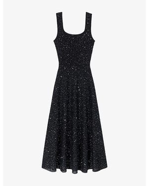 Maje Square-Neck Rhinestone-Embellished Knitted Maxi Dress - Black
