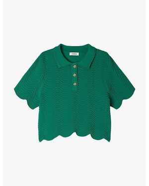 Sandro Scalloped-Trim Cropped Stretch-Knit Polo Shirt - Green