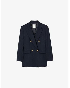 Sandro Pinstripe Long-Sleeve Wool-Blend Blazer - Blue