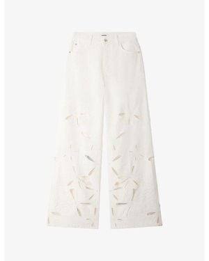 Sandro Flower-Embroidered Wide-Leg Denim Jeans - White