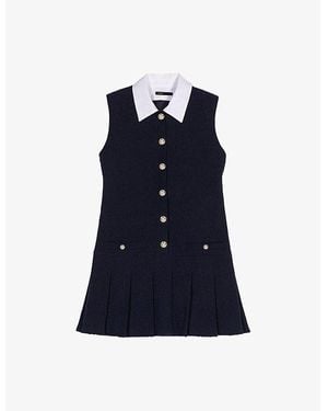 Maje Contrast-Collar Tweed-Textured Cotton-Blend Mini Dress - Blue