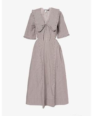 Ganni Checked Cut-Out Cotton Midi Dress - Grey