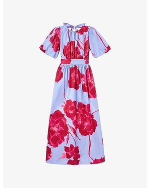 Ro&zo Floral Puff-Sleeved Stretch-Cotton Maxi Dress - Red