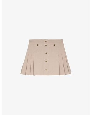 The Kooples Button-Embellished Pleated Cotton Mini Skirt - Natural