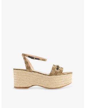 Gucci Lady Horsebit Leather-Trimmed Logo-Jacquard Canvas Wedge Sandals - Natural