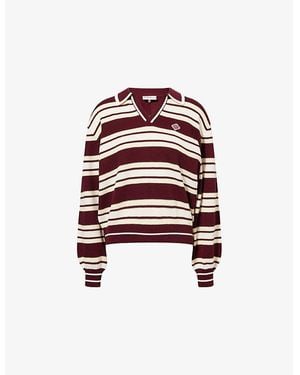 The Couture Club Stripe-Print Long-Sleeve Knitted Rugby Polo Top - Red