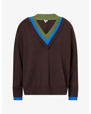 STAUD Norman Triple-Layer Neckline Wool Knit Sweater - Brown