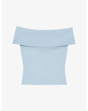 Maje Ribbed Bardot-Neck Stretch-Knit Top - Blue