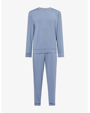 Emporio Armani Logo-Embroidered Stretch-Jersey Pyjamas - Blue