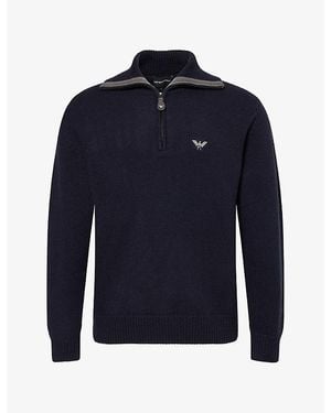 Emporio Armani Embroidered-Logo Chunky Knitted Wool Pullover - Blue