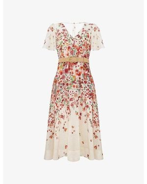Phase Eight Petite Lovette Floral-Print Linen-Blend Midi Dress - Natural