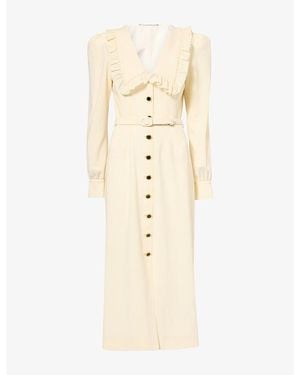 Alessandra Rich Floral-Print Collared Silk Midi Dress - Natural