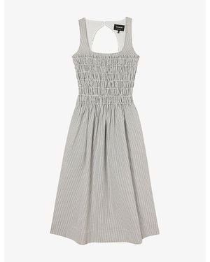 Whistles Striped Shirred-Bodice Cotton Midi Dress - Gray