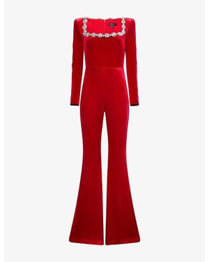 Nadine Merabi Kimberly Jewel-Embellished Velvet Jumpsuit - Red