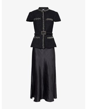 Self-Portrait Crystal-Trim Bouclé And Satin Midi Dress - Black