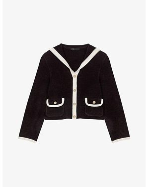 Maje Sailor-Collar Button-Down Stretch-Velvet Cardigan - Black