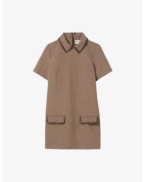 Claudie Pierlot Houndstooth-Pattern Faux Leather-Trim Stretch-Woven Mini Dress - Brown