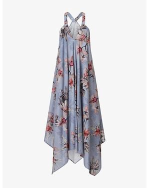 AllSaints Lil Floral-Print Asymmetric-Hem Cotton Midi Dress - Blue
