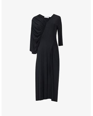 eem Asymmetric Gathered Panel Woven Midi Dress - Black