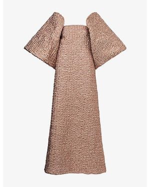 Dima Ayad Metallic Strapless Puff Sleeves Woven Dress - Natural