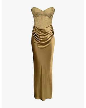 House Of Cb Aurelia Strapless Brocade And Satin Corset Maxi Dress - Green