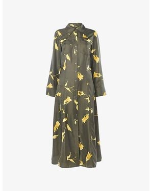 Whistles Floral-Print Long-Sleeve Silk Midi Dress - Green