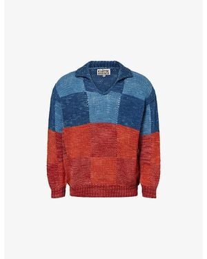 Kartik Research Colour-Block Rugby Wool Knit Jumper - Blue