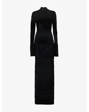 Mugler Striped Ribbed Long-Sleeves Woven Gown - Black