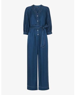 Whistles Mabel Topstitch V-Neck Woven Jumpsuit - Blue