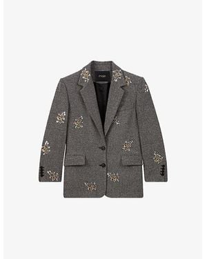 Maje Sequin-Embellished Single-Breasted Woven Blazer - Grey