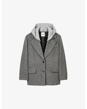 Sandro Removable-Hood Notched-Lapel Wool-Blend Coat - Grey