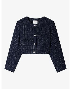 Sandro Decorative Round-Neck Tweed Jacket - Blue