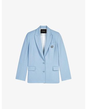 Maje Brooch Double-Breasted Stretch-Woven Blazer - Blue