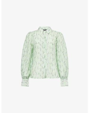 ME+EM Feather-Print Ladder-Stitch Cotton And Silk Blouse - Green