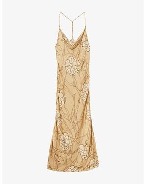 Reiss Rochelle Satin Floral-Print Slip Maxi Dress - Metallic