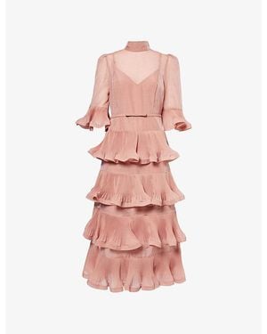 Zimmermann Ruffle Quarter-Sleeve Woven Midi Dress - Pink