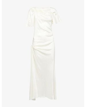 Victoria Beckham Cap Draped-Sleeve Satin Midi Dress - White