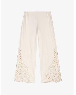 Maje Scalloped-Trim Mid-Rise Embroidered Stretch-Cotton Pants - Natural