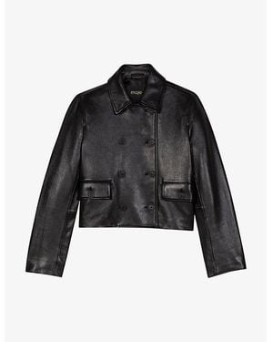 Maje Double-Breasted Side-Pocket Leather Jacket - Black