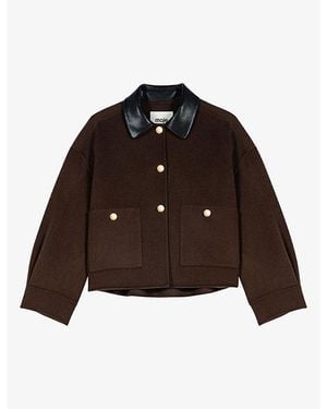 Maje Contrast-Collar Boxy-Fit Wool-Blend Jacket - Brown