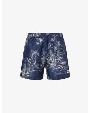Moncler Camp-Collar Floral Cotton Shirt - Blue