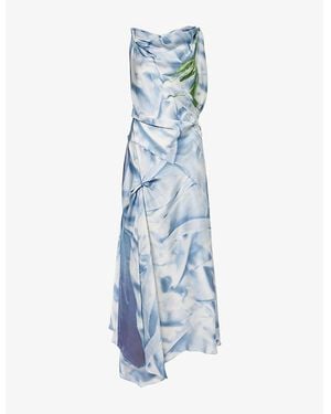 Victoria Beckham Satin Flowers Ice Asymmetric Sleeveless Satin Midi Dress - Blue